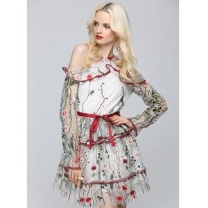 Lace Embroidery dress off shoulder red floral